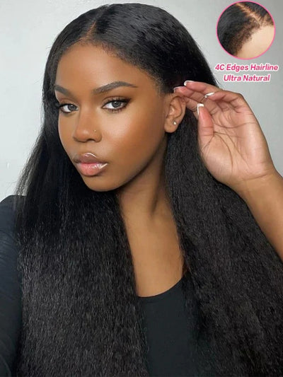 Doubleleafwig Yaki Straight HD Glueless Pre-Cut Kinky Straight HD Lace Front Wig Natural Type 4C Hairline with 4C Curly Edges DL20