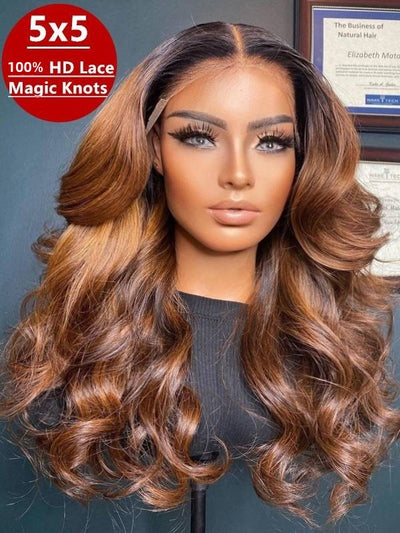 Doubleleafwig Ombre Brown Color HD Lace Frontal Wig Body Wave 100% Human Hair Bleached Knots DL30
