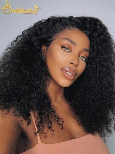 Doubleleafwig HD Lace 200% Density Kinky Jerry Curl Glueless Lace Front Wig DW04