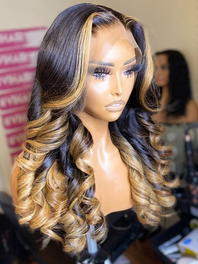 Doubleleafwig Ombre Blonde Highlight Loose Wave Pre Plucked HD Lace Front Wig DS19
