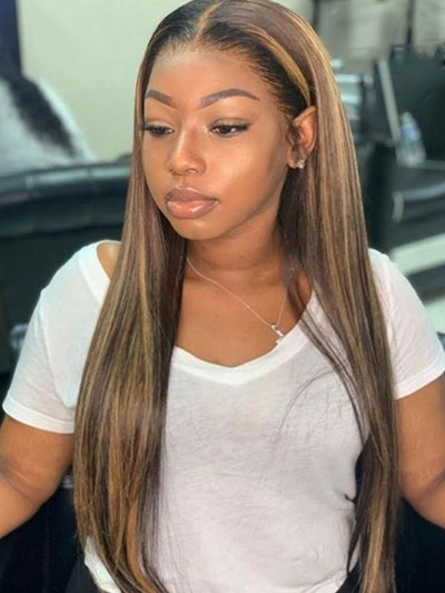 Doubleleafwig Straight Honey Blond Highlight Lace Front Virgin Human Hair Wigs Pre Plucked With Baby Hair