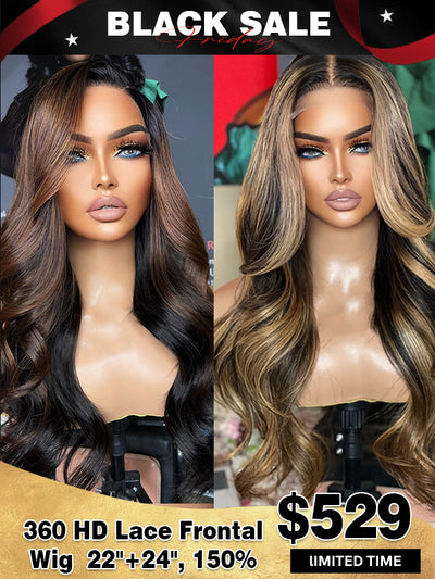 Doubleleafwig Black Friday Combo Deal 2 Wigs Flash Sale Body Wave Human Hair Ombre Color 360 HD Lace Frontal Wig Bleached Knots BF08