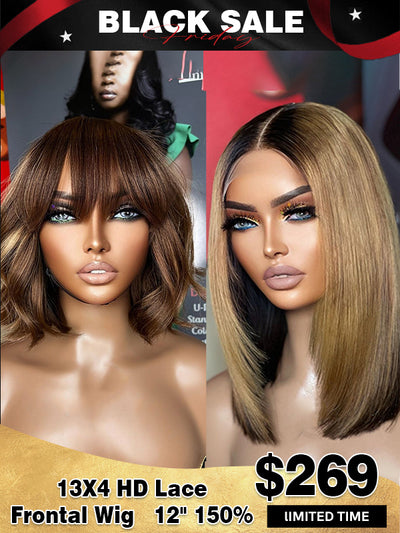 Doubleleafwig Black Friday Combo Deal Flash Sale Blunt Cut Short Bob Human Hair 13x4 HD Lace Frontal Wig Bleached Knots BF07