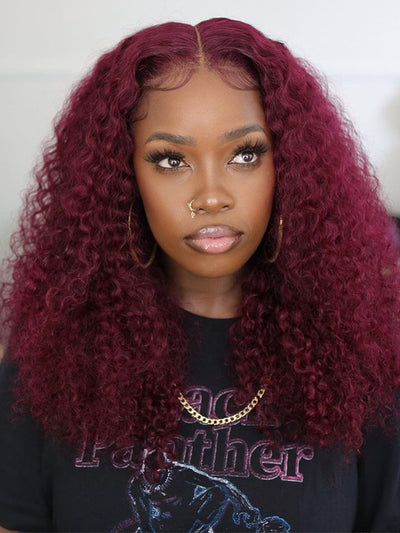 Doubleleafwig Burgundy 99J Color Brazilian Curly Human Hair  Glueless 13*4 HD Lace Front Wig D511