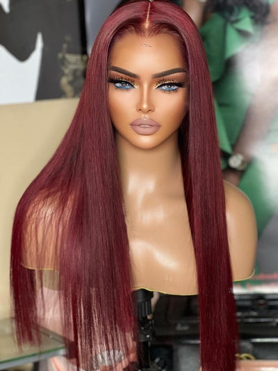 Doubleleafwig 100% Virgin Human Hair Straight Burgundy 99j Red Color HD Lace Front Wig Bleached Knots DL15