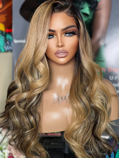 Doubleleafwig Ombre Brown Color Brazilian Human Hair Body Wave 360 HD Lace Frontal Wig Bleached Knots DL67