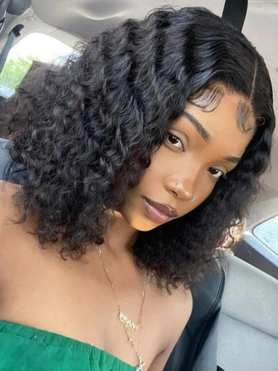 Doubleleafwig Natural Black Deep Wavy Curly Human Hair HD Lace Frontal Wig Short Bob Curly Wigs Glueless Single Bleached Knots Summer Hot Sale DL46