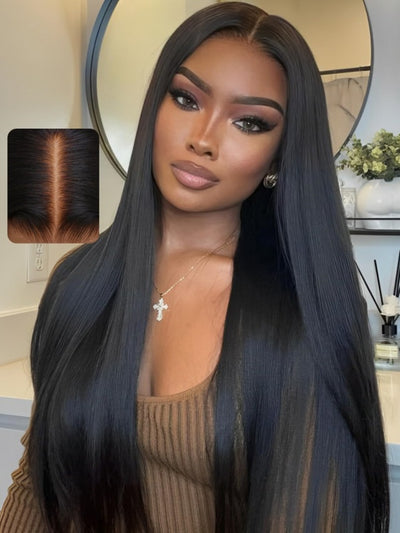 Doubleleafwig Natural Black 360 HD Lace Frontal Wig Pre Plucked Straight 100% Human Hair Wig Bleached Knots D02