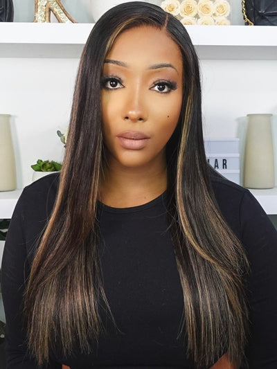 Doubleleafwig Ombre Highlight Long Straight Layer Human Hair HD Lace Front Wig Bleached Knots Glueless DL55