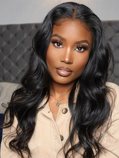 Doubleleafwig Natural Black 13*6 Body Wave Pre Plucked HD Lace Front Human Hair Wig With Bleached Knots
