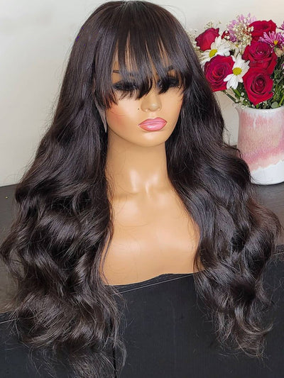 Doubleleafwig Brazilian Virgin Human Hair Body Wave 360 HD Lace Frontal Wig With Bangs High Density 180% D80