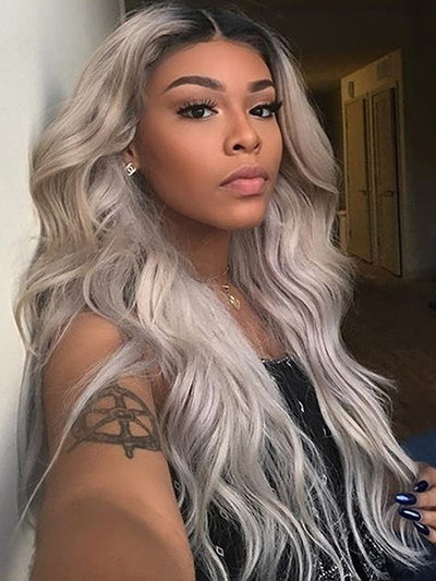 Doubleleafwig 1b Gray Lace Frontal Wig Body Wave hd lace wig Pre Plucked GRAY01